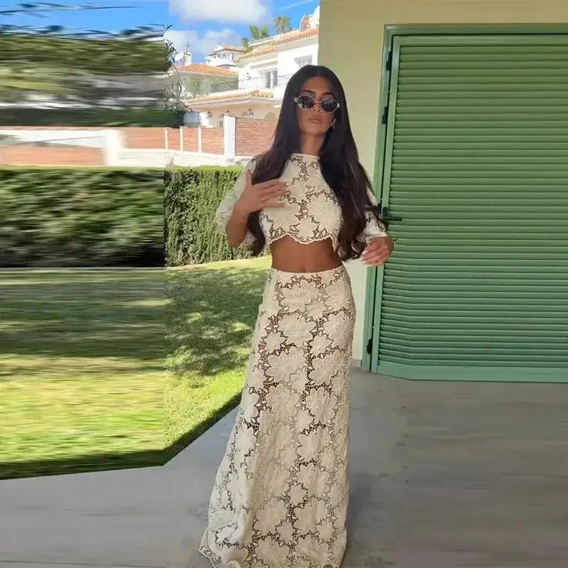 Flower Short Top Long Half Skirt Lady Set Round Neck Short Sleeve Tops High Waist Slim Maxi Skirts Sexy Fashion Women&