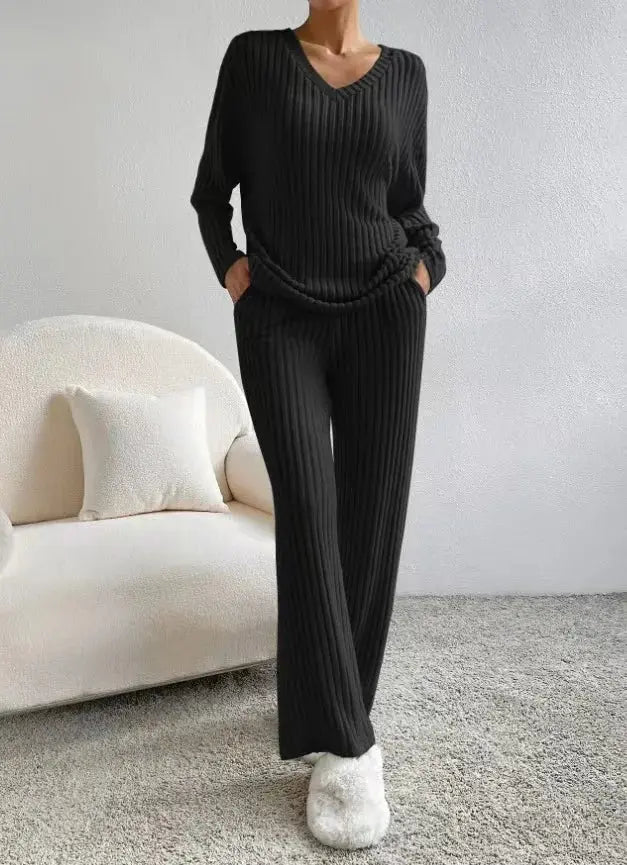 Fashionable Knitted Two-Piece Set Casual V-Neck Long Pants Autumn Winter New Style Loose Fit Korean Style Comfortable Polyester SHOPEZRA L.L.C.