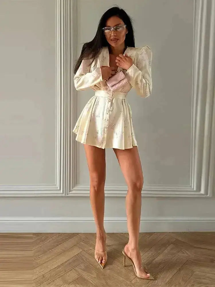 Sexy Print Mini Dress Women Shoulder Pad V Neck Long Sleeves High Waist Waistband Vestidos Female 2026 Summer New Chic Dresses by Dropshipman