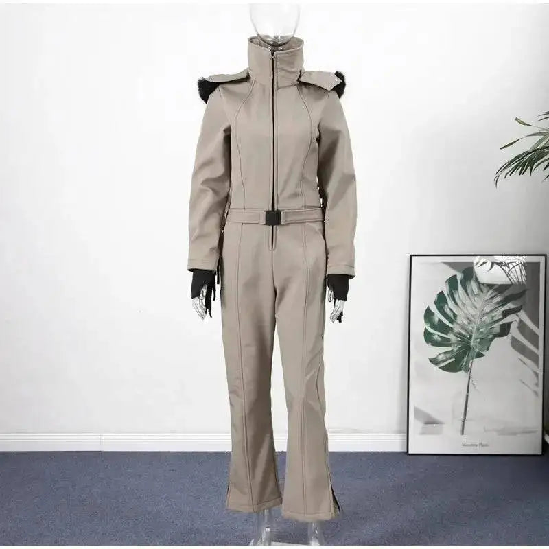 Women Fur Collar Hooded Skiwear Fashion Solid Thicken Zipper High Waist Slim Outdoor Overalls Jumpsuit Lady Winter Outwear by Dropshipman