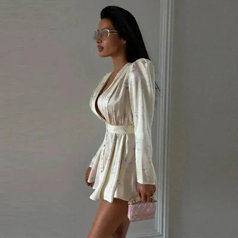 Sexy Print Mini Dress Women Shoulder Pad V Neck Long Sleeves High Waist Waistband Vestidos Female 2026 Summer New Chic Dresses by Dropshipman