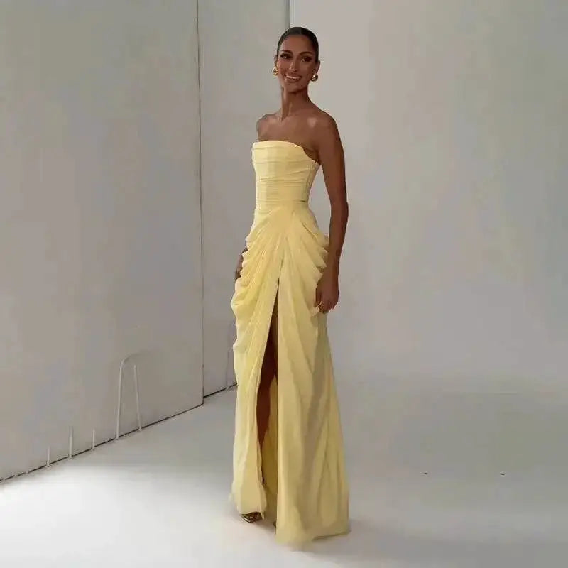 Elegant Solid Strapless Pleated Dress Women Chic Sleeveless Waist Cinching Split Maxi Vestidos 2026 Lady Evening Party Dresses by Dropshipman