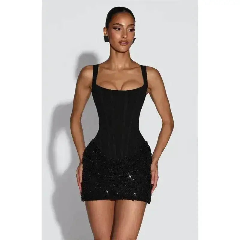 2026 New Sexy Women Square-neck Halter Mini Dress Pleated Sleeveless Backless High Waist Bodycon Dresses Summer Lady Party Robes by Dropshipman
