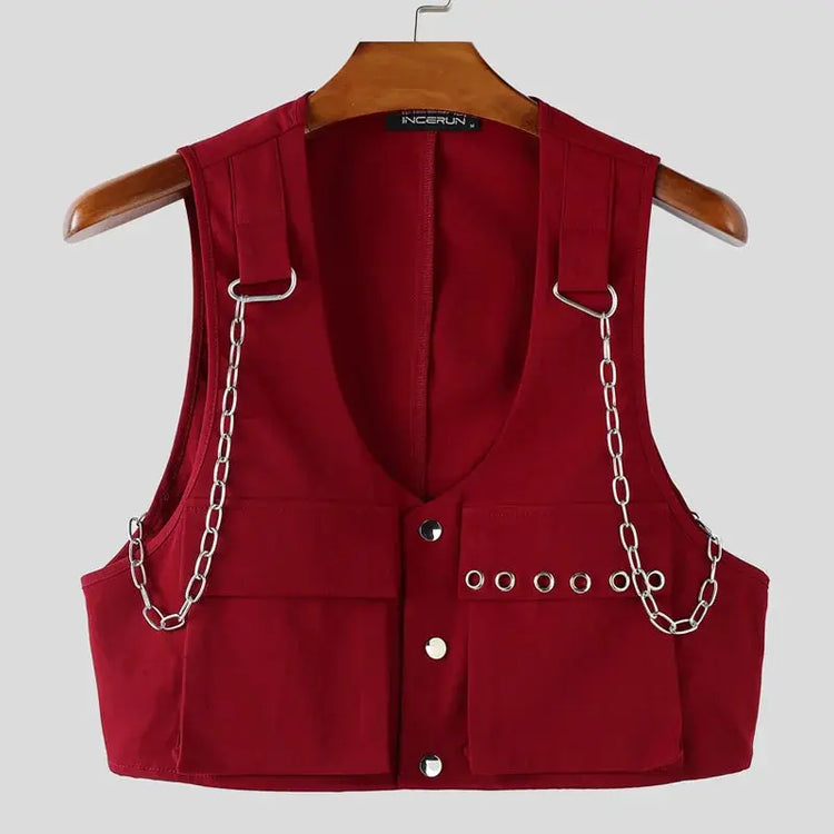 INCERUN Men Vests Solid Color Chain Decoration V Neck Sleeveless Crop Tops Men Streetwear Fashion Casual Male Waistcoats S-3XL SHOPEZRA L.L.C.
