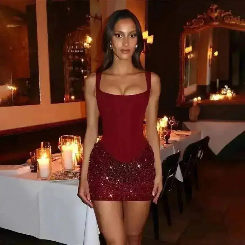 Townlike Pleated Slim Bodycon Dress Women Spaghetti Strap Mini 2026 Summer Dress Sequin Evening Nightclub Sexy Party Dresses by Dropshipman