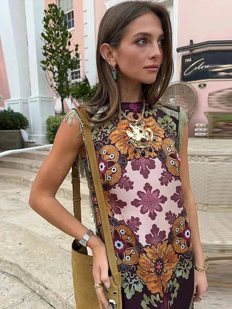 Fashion Tassel Patchwork Floral Printed Dresses Elegant Sleeveless Female Irregular Dresses 2026 Summer Lady Beach Party Robes by Dropshipman