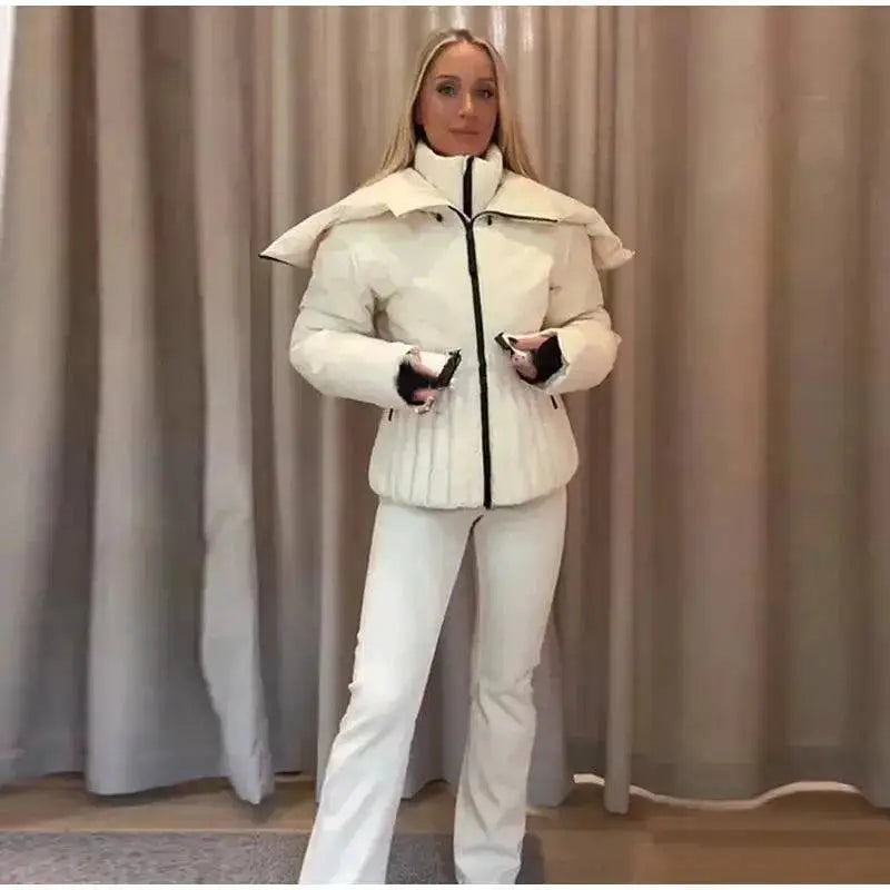 Women Fur Collar Hooded Skiwear Fashion Solid Thicken Zipper High Waist Slim Outdoor Overalls Jumpsuit Lady Winter Outwear by Dropshipman