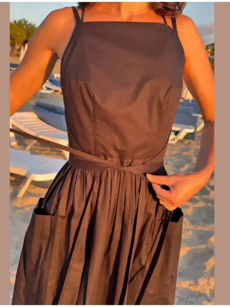 2026 Elegant Solid Lace Up Pleated Dress Women Chic Square Neck Sleeveless High Waist Spaghetti Strap Gowns Lady Daily Date Wear by Dropshipman