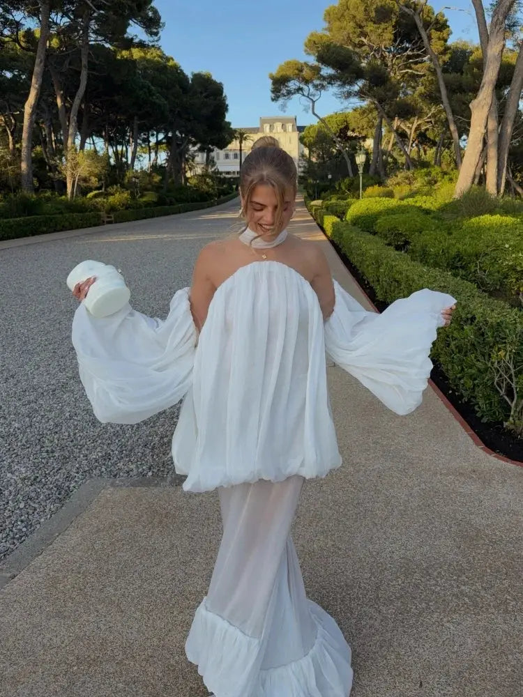 Trendy White Chiffon Off-shoulder Halter Maxi Dress Suit Chic Sheer Mesh Long Sleeve Flowy Vestidos 2026 New Formal Evening Gown SHOPEZRA L.L.C.