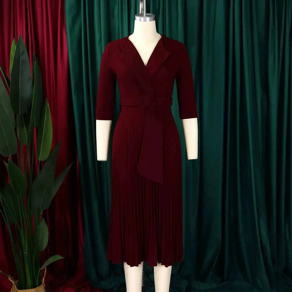 Elegant Office Ladies Dresses 2024 Autumn Fall Notched Collar Half Sleeve Belt Waisted Mid Calf Female Birthday Party Dress Midi by Dropshipman