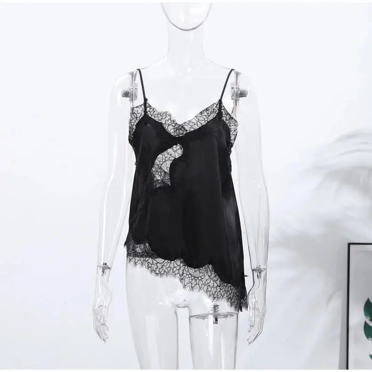 Lace Spliced Square Neck Spaghetti Strap Blouse Loose Fit Cropped 2026 Summer Women Chiffon Top Causal Delicate Lady Blusa SHOPEZRA L.L.C.
