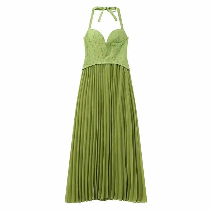 Green Fishbone Corset Halter Maxi Dress Women Sleeveless Backless Pleated Patchwork Slim Dresses Lady Solid Party Evening Gown by Dropshipman