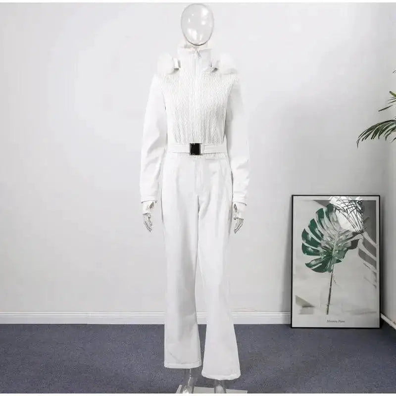 Women Fur Collar Hooded Skiwear Fashion Solid Thicken Zipper High Waist Slim Outdoor Overalls Jumpsuit Lady Winter Outwear by Dropshipman