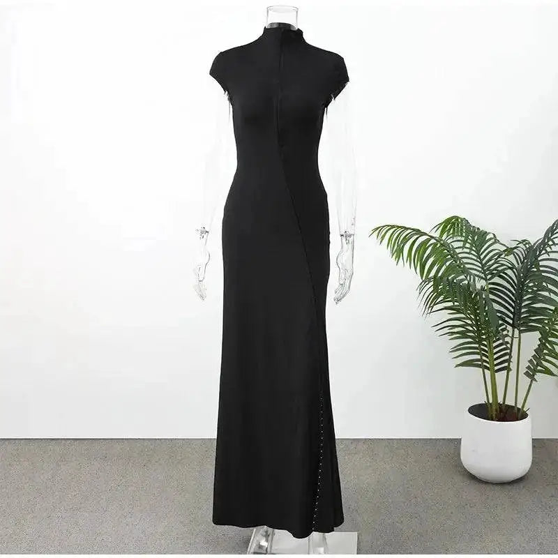 Y2k Black Hollow Out Slit Dress Women Solid Short Sleeve High Neck Slim Fit Maxi Dresses Lady Fashion Evening Party Club Robe by Dropshipman
