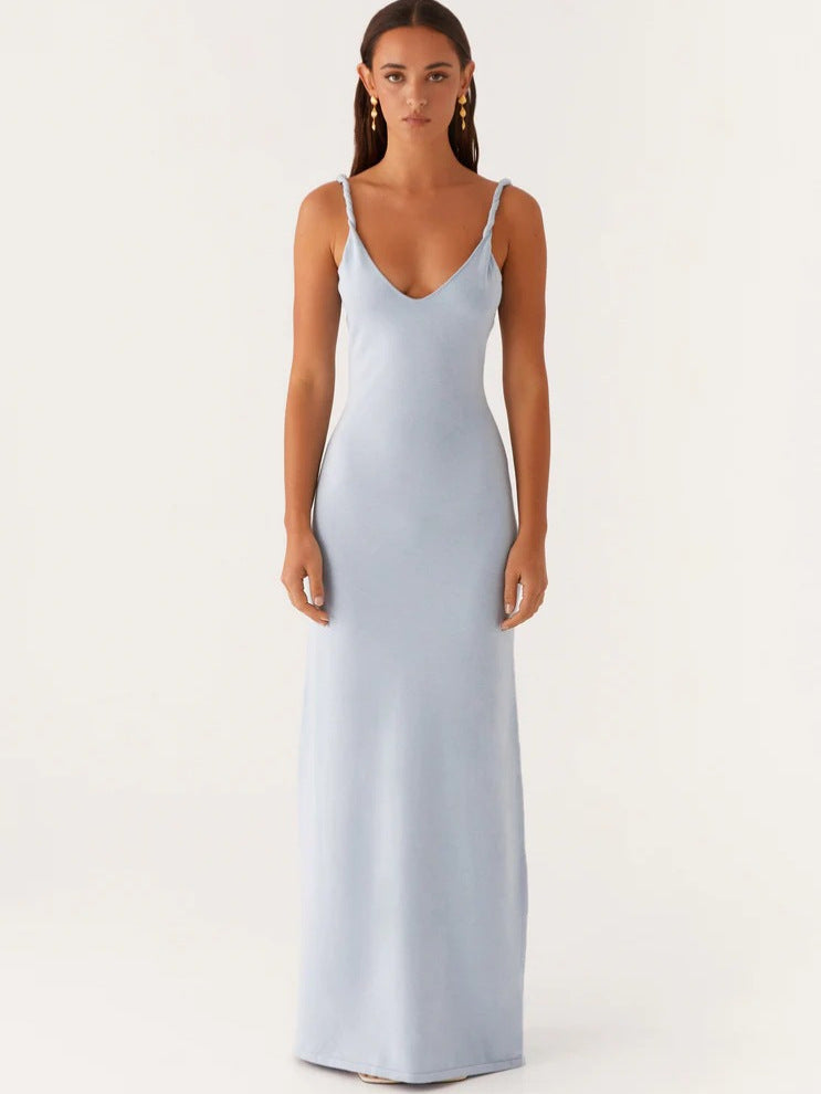 Deep V backless halter dress