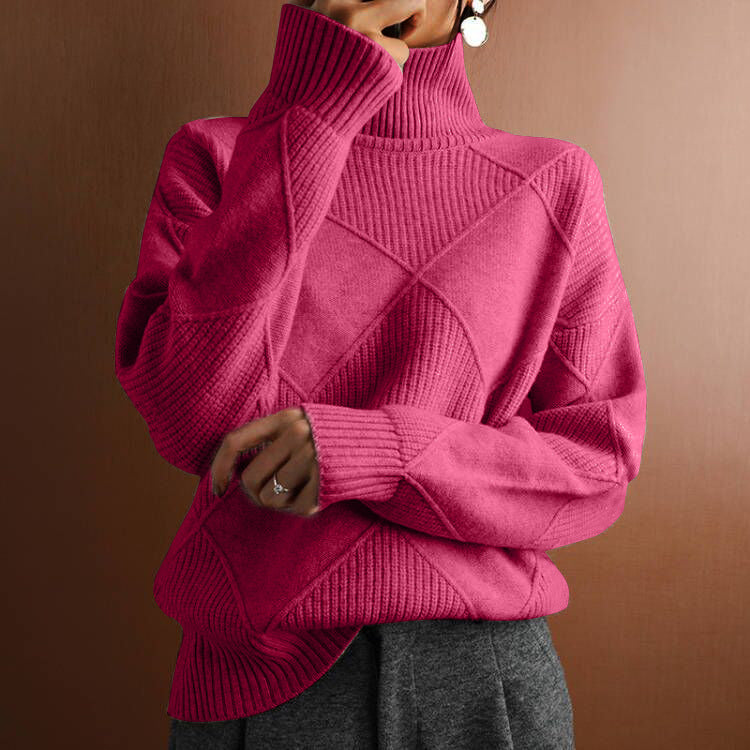 Womens High Neck Loose Fit Diamond Pattern Sweater