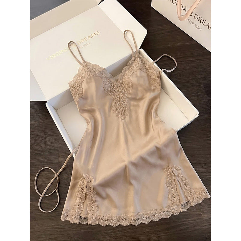 Sexy lace-embroidered V-neck halter nightgown