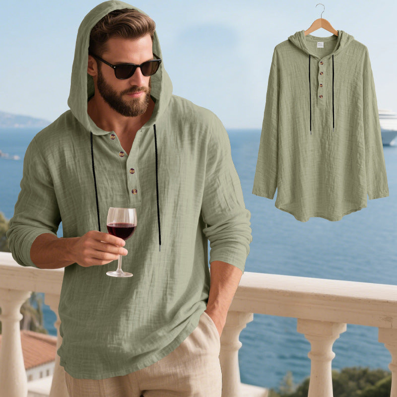 Mens Hooded Linen Long Sleeve T-Shirt