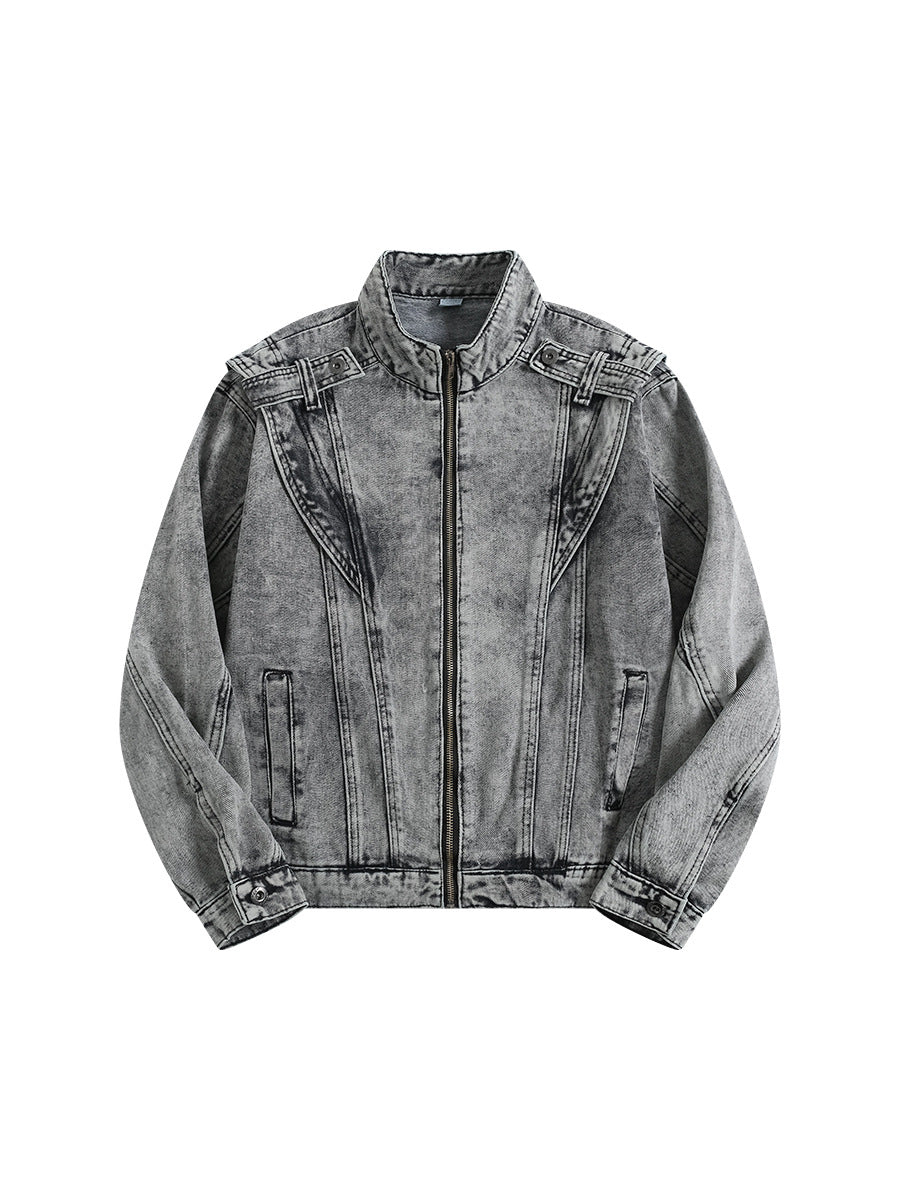 Retro Heavy-Duty Denim Jacket with Stand Collar