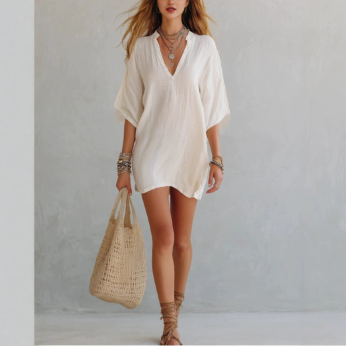 Womens V-Neck Loose Fit Pure Color Dress