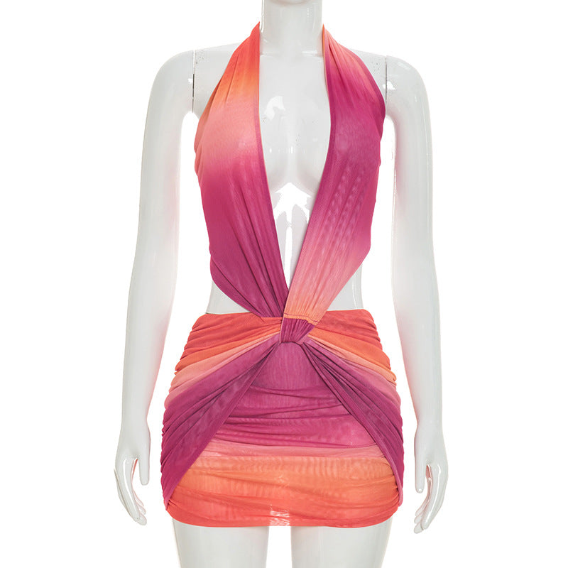 Gradient Print Halter Neck Backless Dress