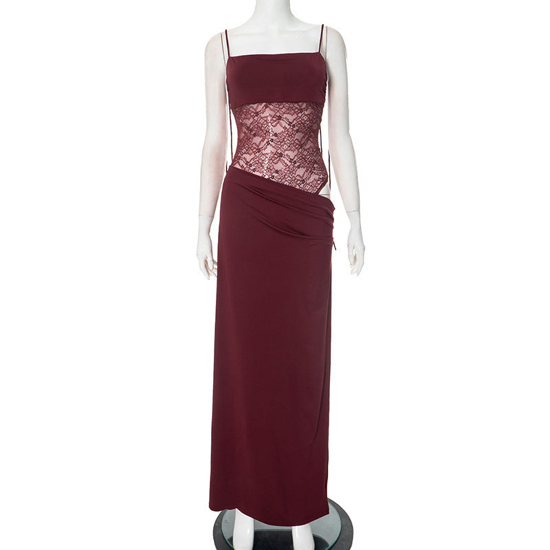 Women Summer Solid Color Lace Splicing Strap Dress