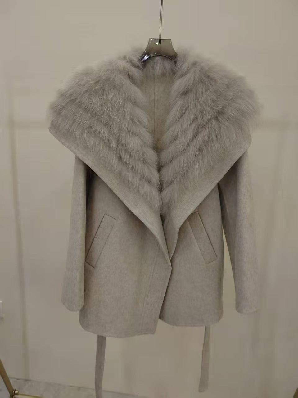 Womens Fox Fur Collar Cashmere Belted Coat