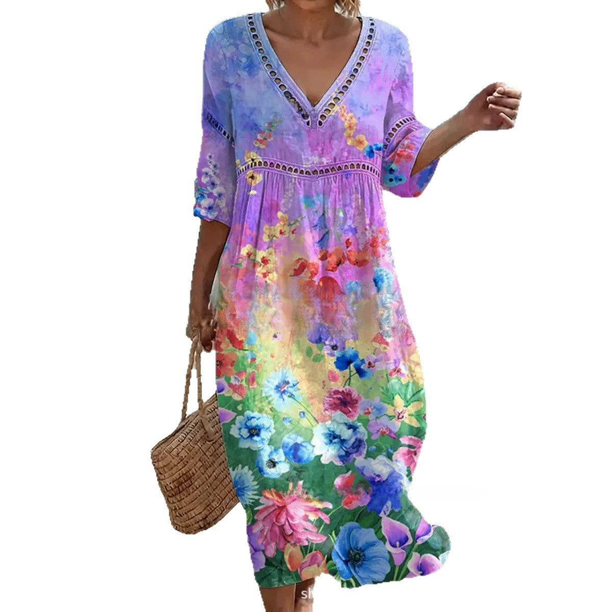 Women Summer Bohemian Lantern Sleeve Long Dress