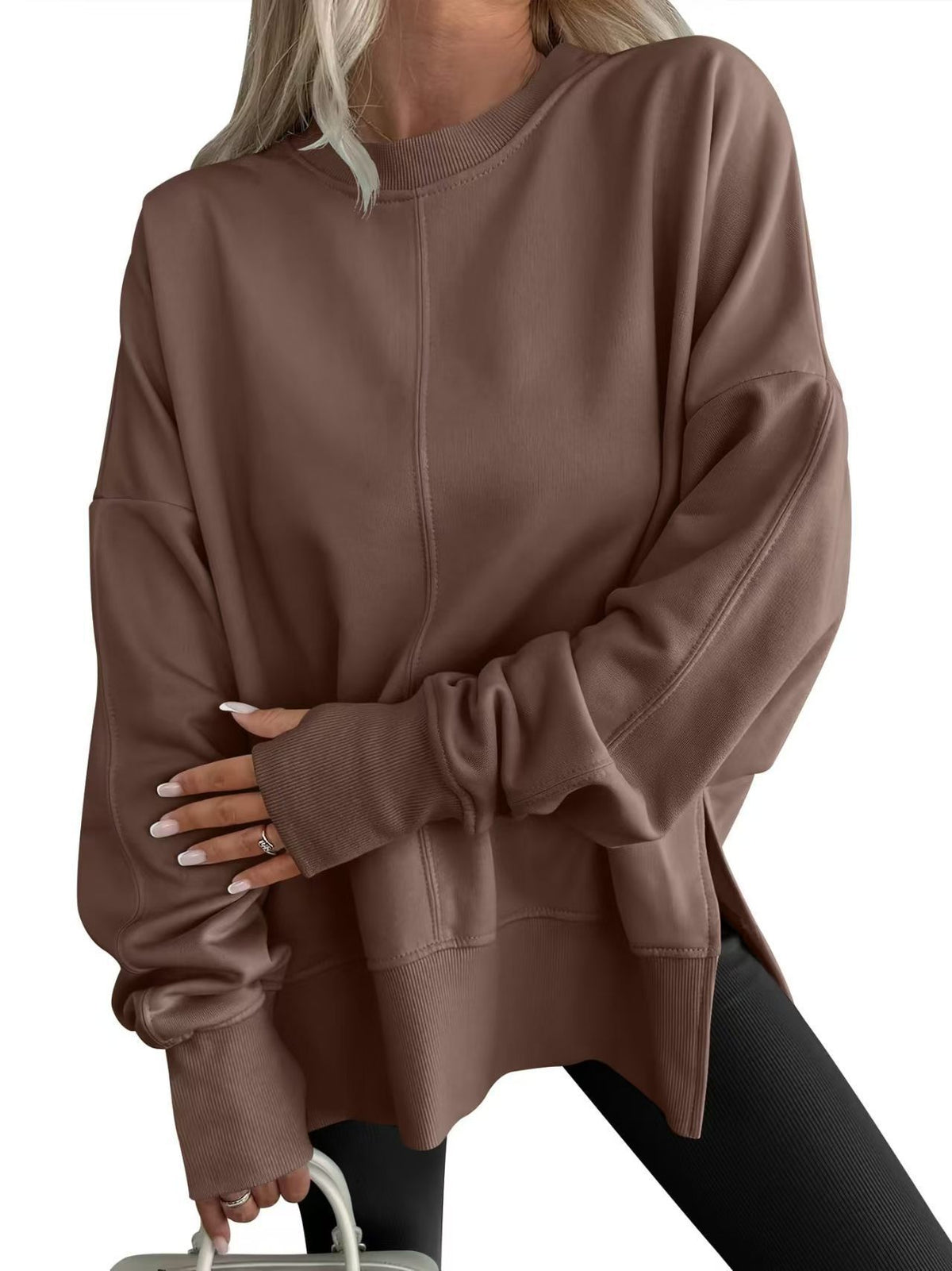 Womens Loose Bat Sleeve Side Slit Round Neck Fleece Lined Sweatshirt
