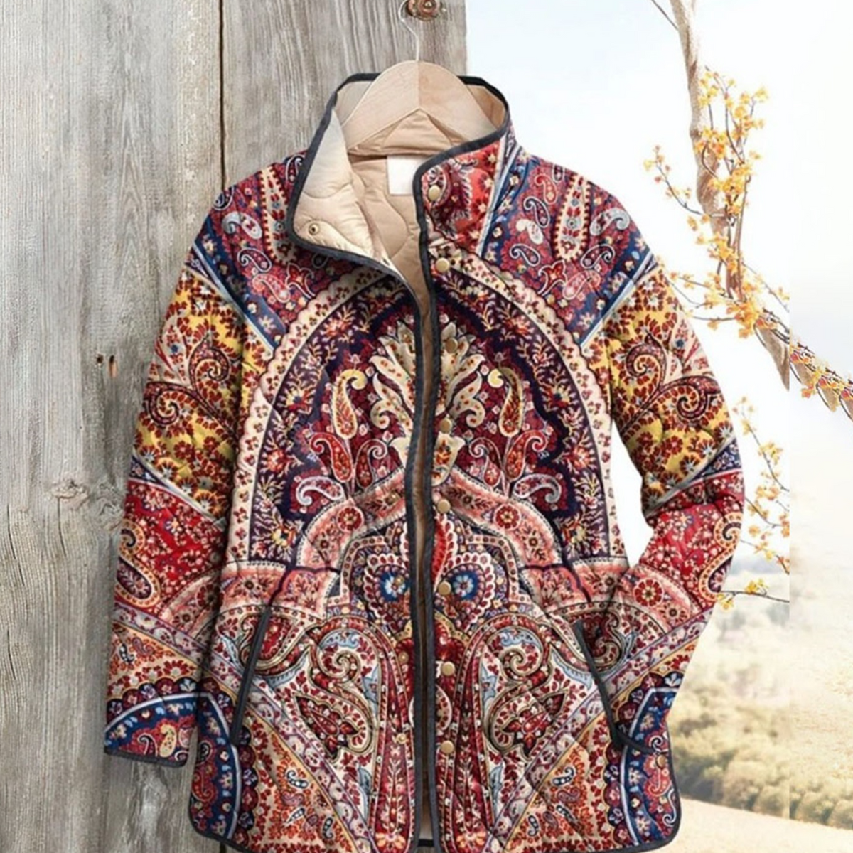 Women Floral Stand Collar Pleated Cotton Sweatshirt
