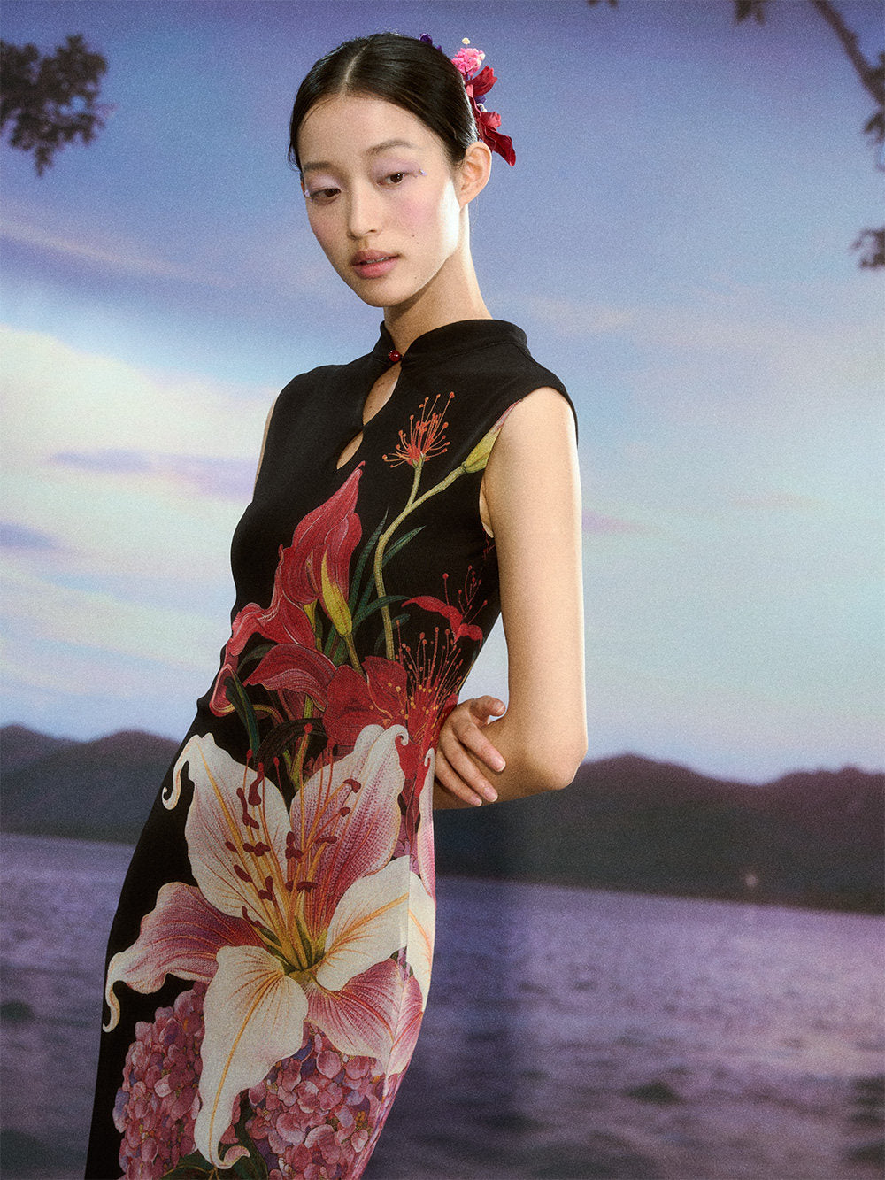Floral Gradient Mesh Cheongsam Dress