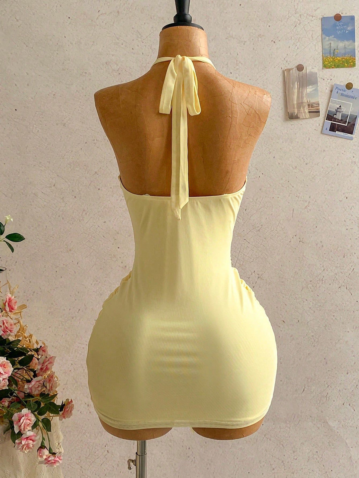 Summer Halter Neck Backless Pleated Solid Color Dress for Women