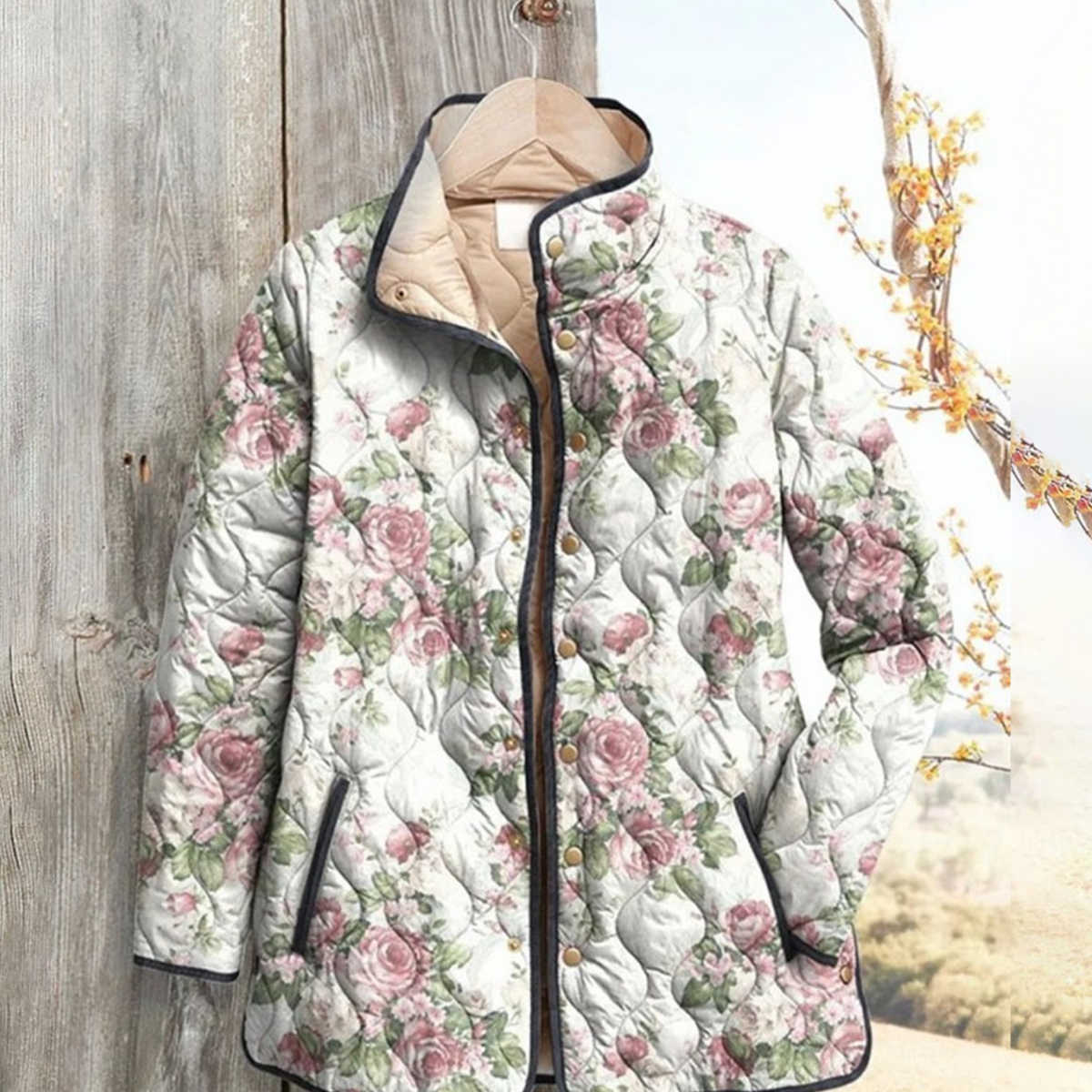 Women Floral Stand Collar Pleated Cotton Sweatshirt