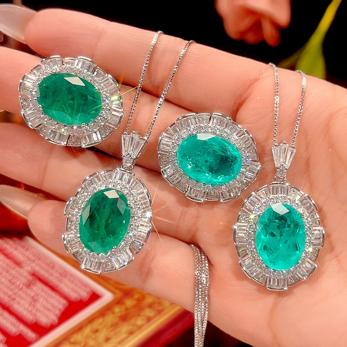Simulated Emerald Paraiba Jewelry Set Copper-Based Light Luxury Women&