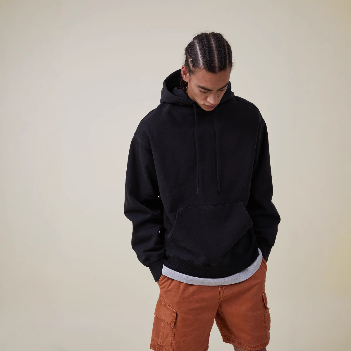 Mens Womens Drop Shoulder Hoodie Casual Fleece Lined Solid Color Sweatshirt