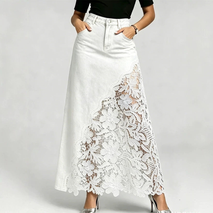 Lace Trim Denim Midi Skirt