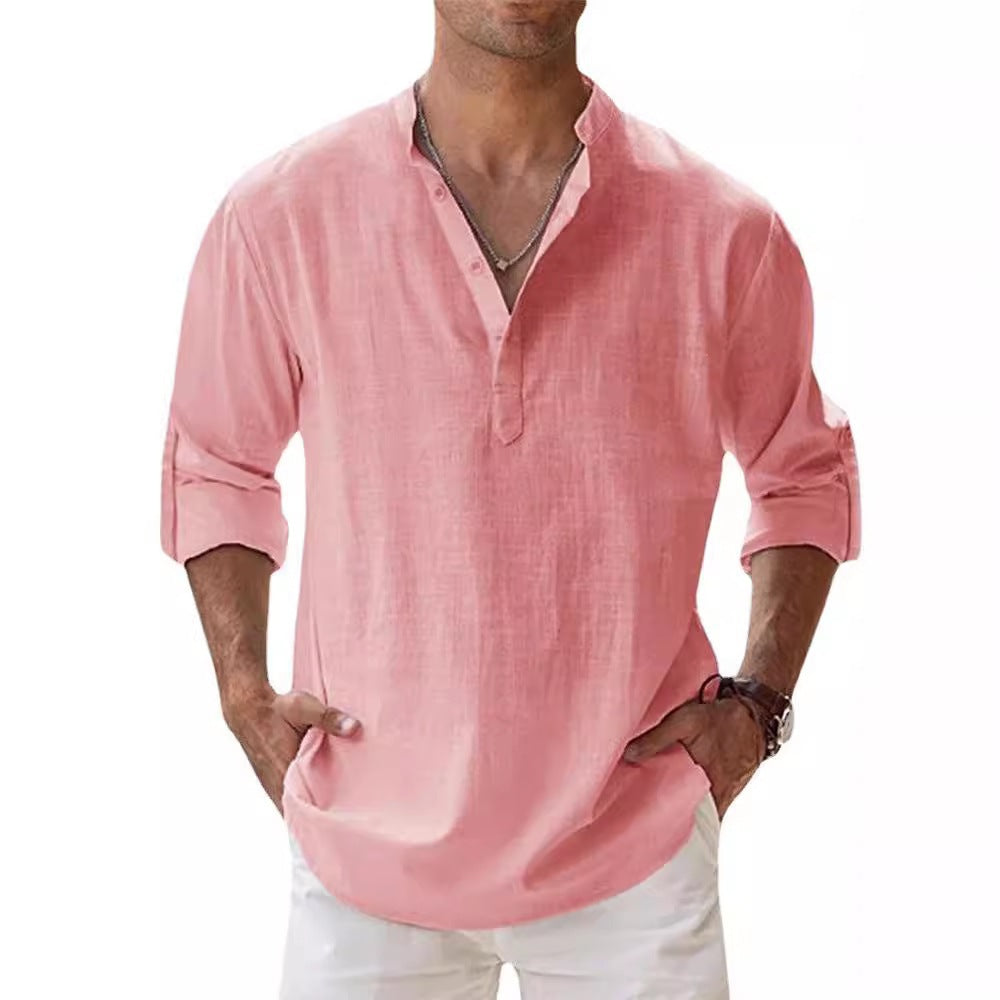 Mens Casual Stand Collar Long Sleeve Cotton Shirt