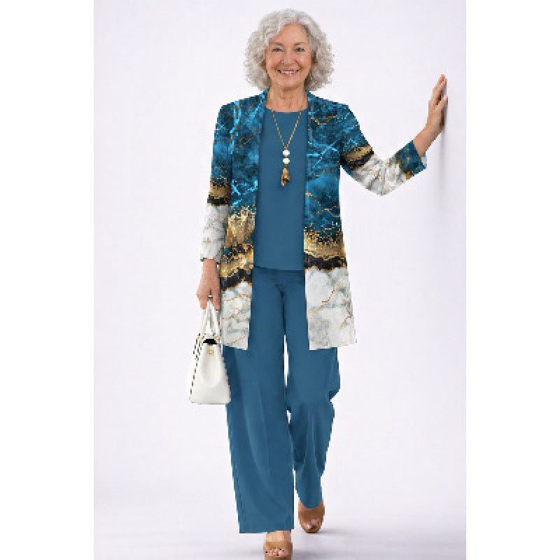Womens Casual Printed Cardigan Long Sleeve Top and Pants Set