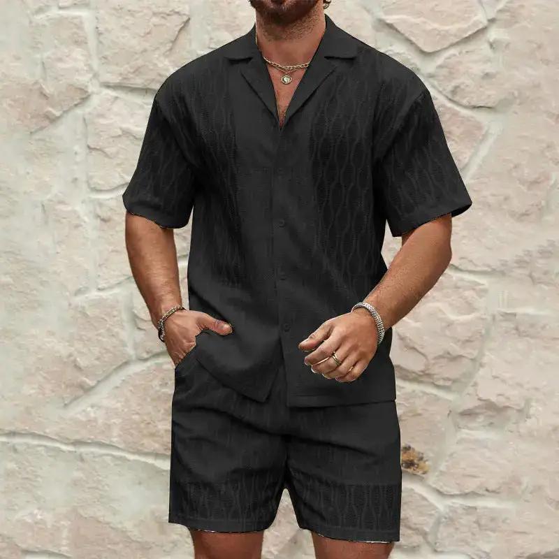 Men Tracksuits Summer Fashion Solid Loose Casual Two Pieces Lapel Button Shirt Shorts Beach Holiday All-match Outfits Male by Dropshipman