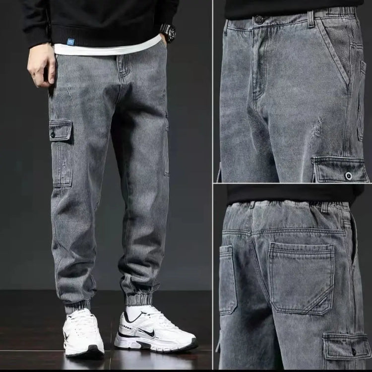Blue Japanese-style workwear jeans with multiple pockets, ideal for spring and autumn, by Dropshipman.