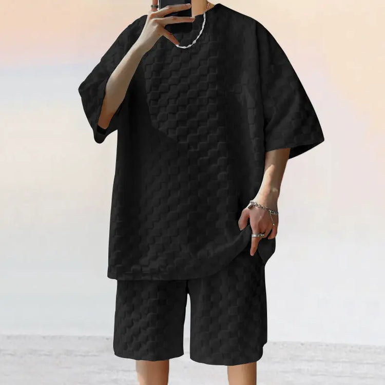 Dark gray Jacquard plaid casual shorts suit by Dropshipman, featuring loose straight fit and stylish design.