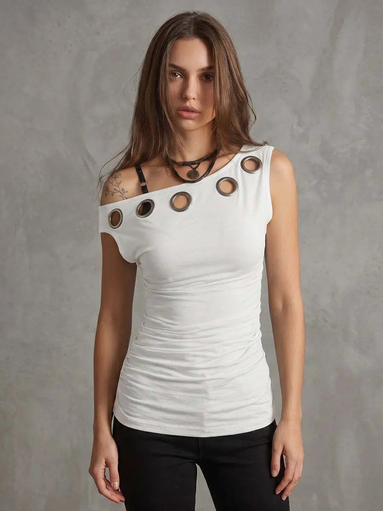 Gray hollow-out pleated off-shoulder T-shirt top by Dropshipman, featuring solid color and stylish design.