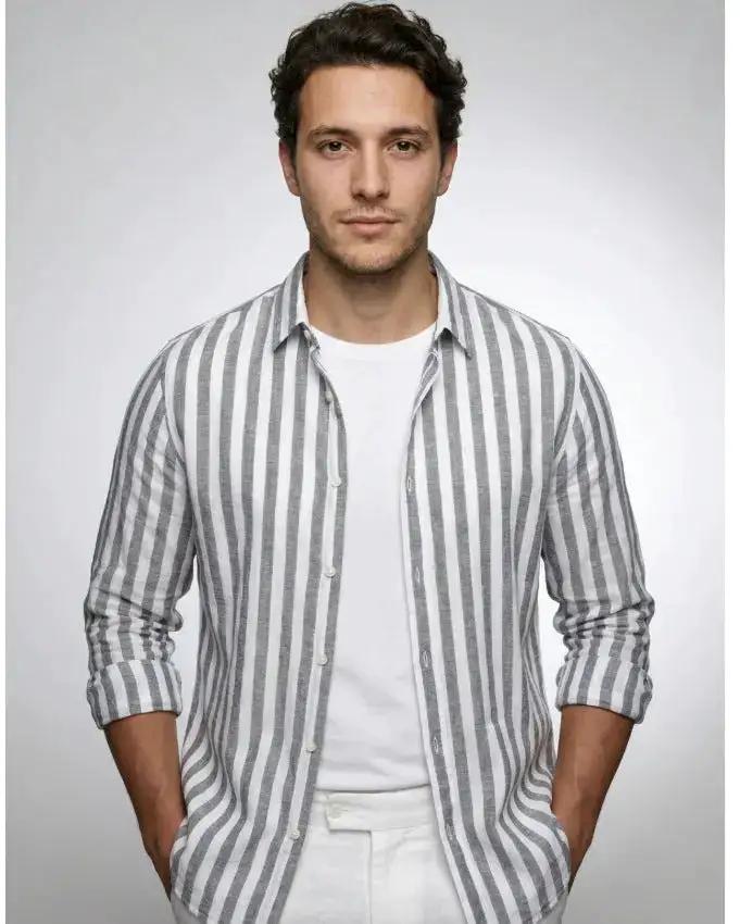 Striped Print Shirt Casual Loose Long-sleeved Shirt Men&