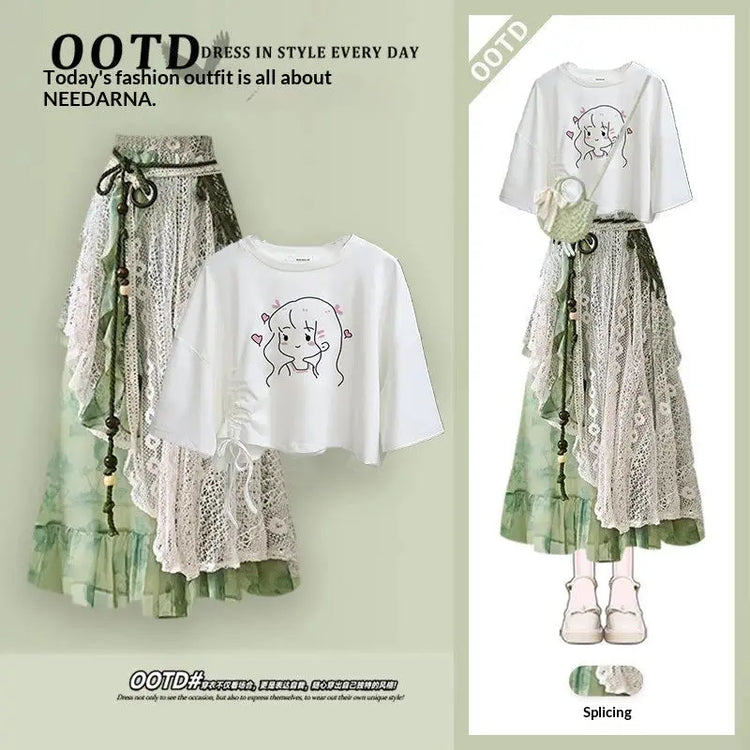 Dropshipman strap-top short-sleeve vacation two-piece set with a patchwork skirt, perfect for summer and casual outings.