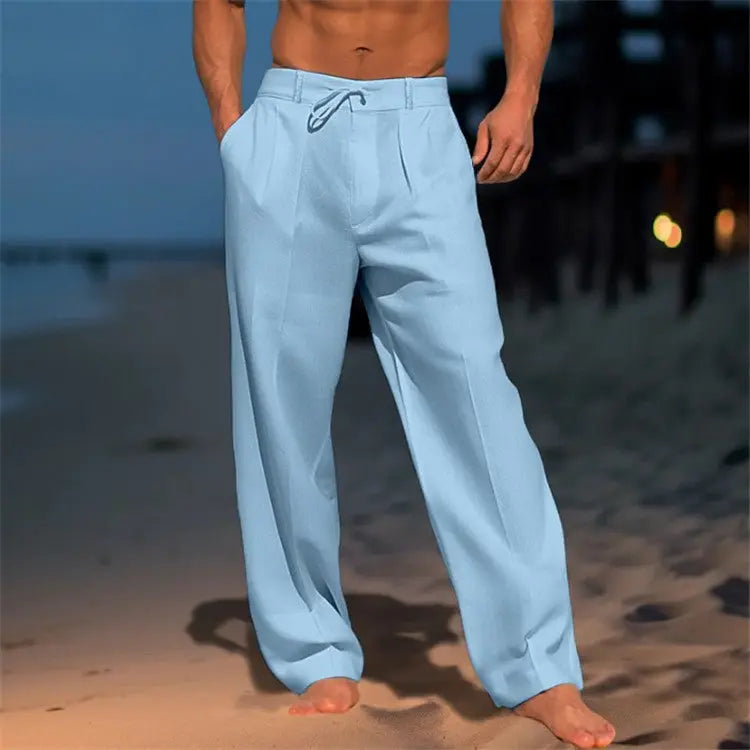 White casual wide-leg straight pants for men with pockets and drawstring waist by Dropshipman, stylish men&