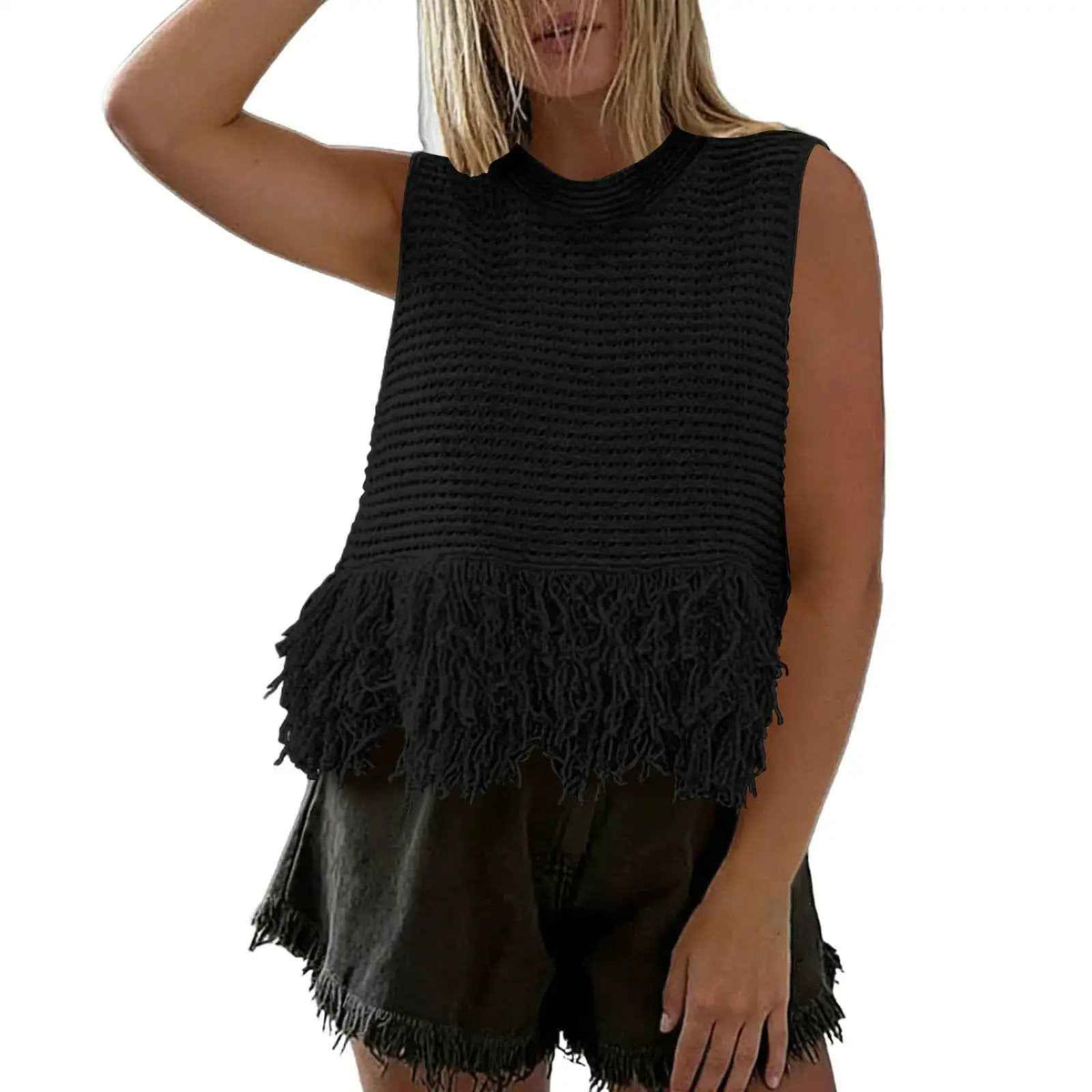 European And American Style Heavy Industry Tassel Hem Knitted Vest Solid Color Round Neck Sleeveless Outerwear Casual Versatile Short Top
