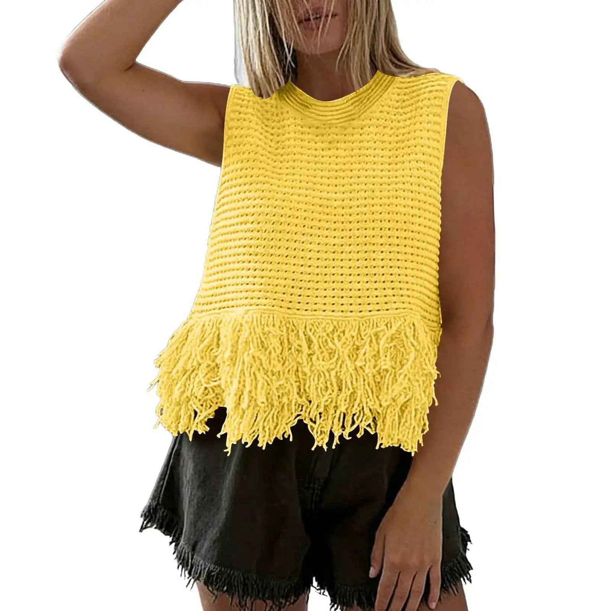 European And American Style Heavy Industry Tassel Hem Knitted Vest Solid Color Round Neck Sleeveless Outerwear Casual Versatile Short Top
