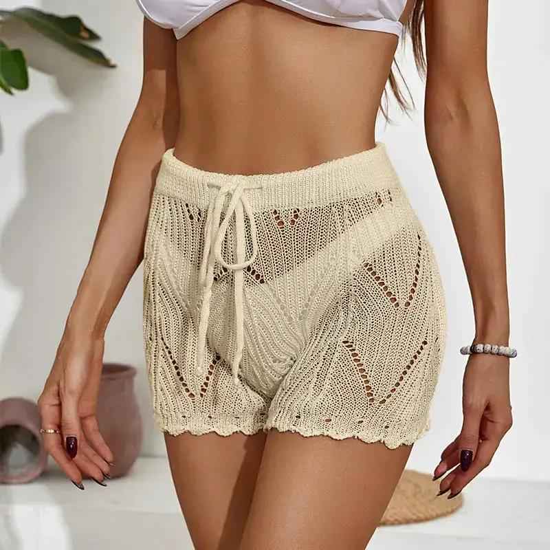 Women Hollow Out Crochet Beach Cover Up Shorts, Adjustable Drawstring Waist Bikini Bottom Sheer Knit Swim Shorts For Pool Resort Summer