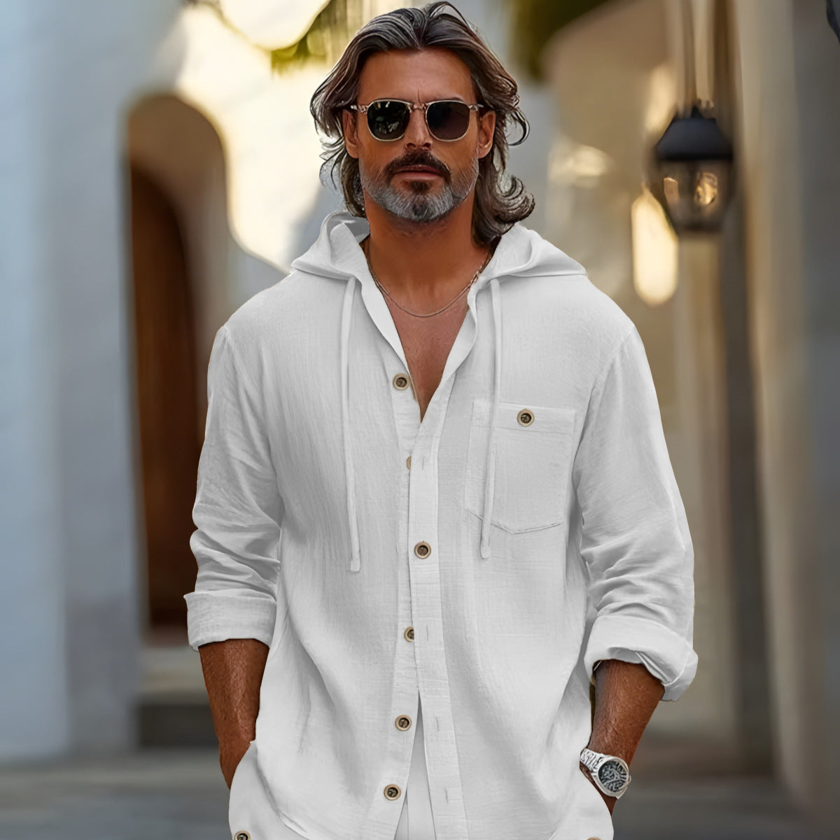 Pure Color Cotton and Linen Casual Long-Sleeved Shirt Shorts Suit