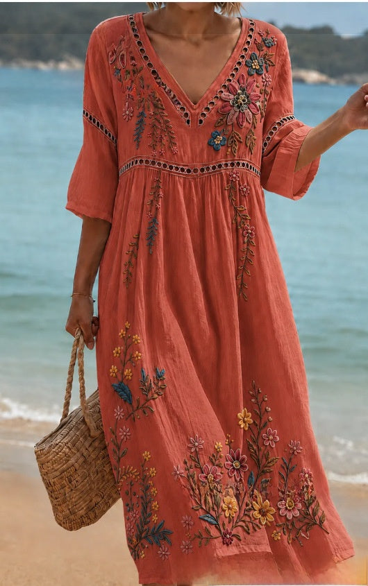 Women Summer Bohemian Lantern Sleeve Long Dress